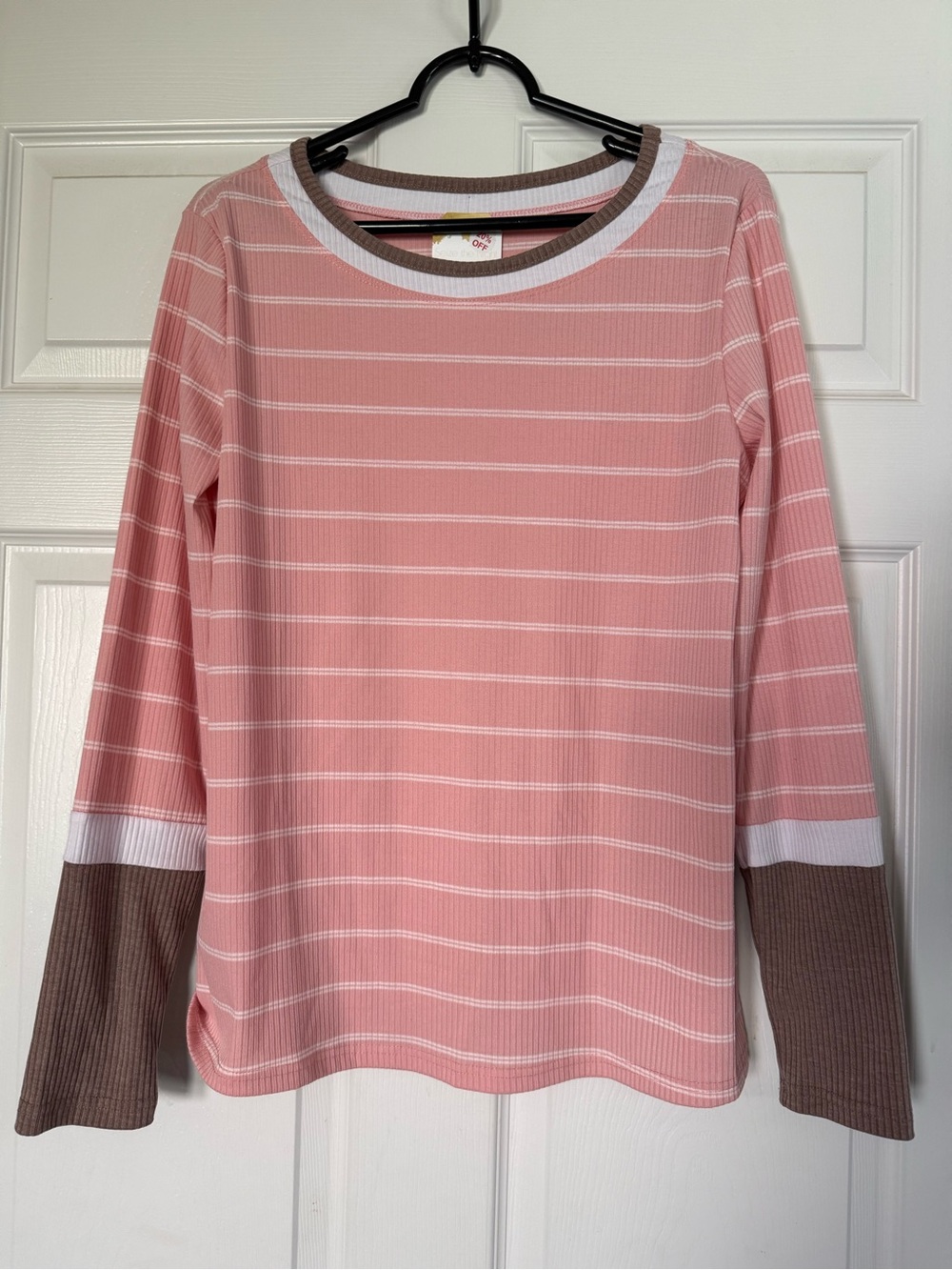 Pink Striped Crewneck Top with Contrast Cuffs